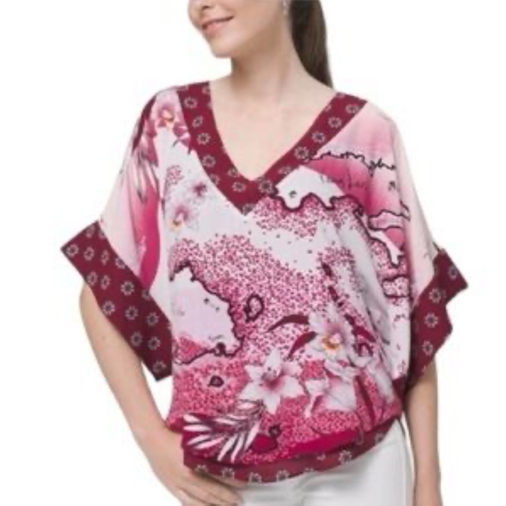 White House Black Market Like NEW Pink Floral Kimono  V-Neck Blouse